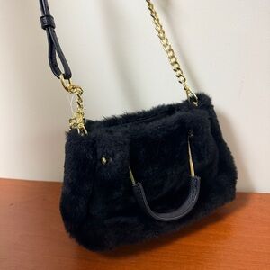 Isaac Mizrahi New York Black Faux Fur Shoulder Bag Gold Chain Purse Mini